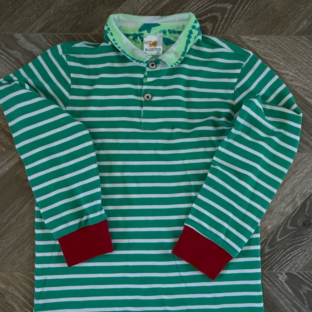 Bluedog size 12 Long Sleeve Polo Green Striped 
 Shirt
